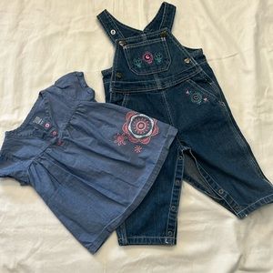 2 girls carters pieces. 18mo light dress. 12mo denim overalls. All snaps$buttons